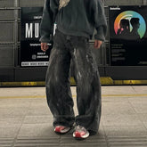 Threebooy American Hip Hop Harajuku High Street Streetwear Mens Wide Leg Pants Striped Tie Dye Washed Workwear Drape High Waisted Jeans
